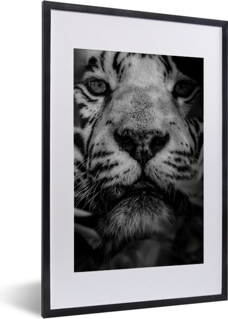 MuchoWow Gerahmtes Poster Nahaufnahme von Blättern und einem weißen Tiger im Dschungel - schwarz und weiß 40x60 cm - Poster mit Schwarzem Bild...