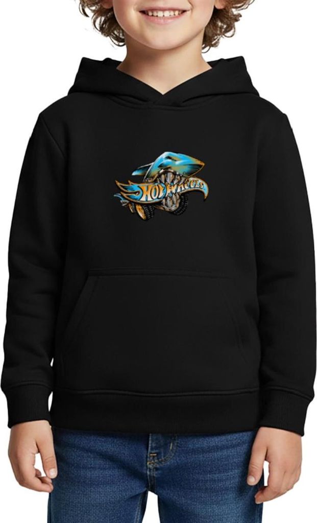 Spreadshirt Hot Wheels Logo Mit Hai Kinder Premium Hoodie, 134/140 (8 Jahre), Schwarz