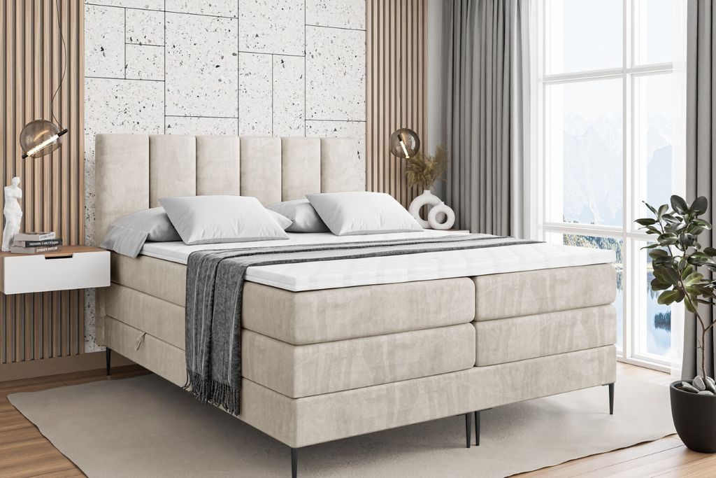 ALTDECOR Boxspringbett mit Schwarz Füßen, Matratze und Lattenrost, Topper, Polsterbett mit Bettkasten, Bett mit Stauraum H3- und H4- Matratze, Do...