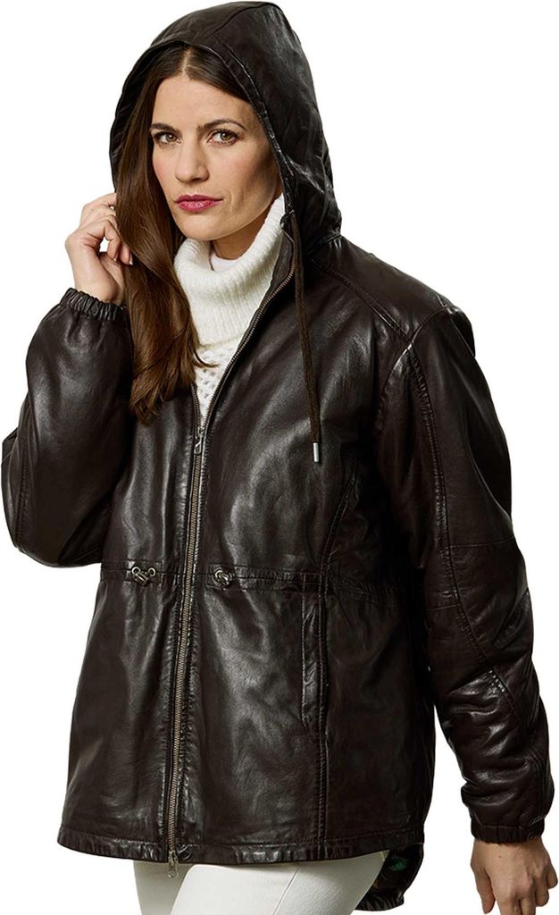 Jilani Collection - Damen Lederjacke Lammnappa Kapuze Oversize dunkelbraun : 46