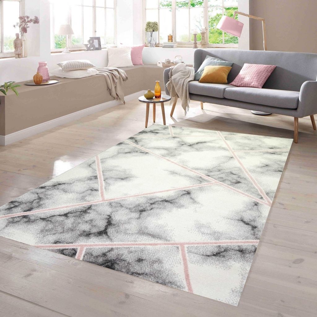 Designer Teppich Marmormuster rosa grau creme Größe - 200 x 290 cm