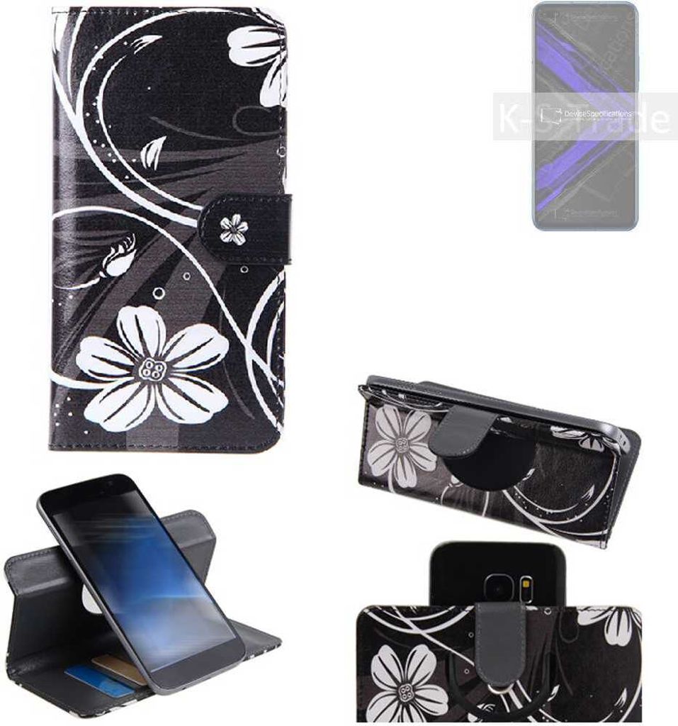 K-S-Trade Schutzhülle Handyhülle kompatibel mit Huawei Honor Play 4 Pro Hülle 360° Wallet Case ''Flowers'' Klapphülle Hülle schwarz-weiß 1x