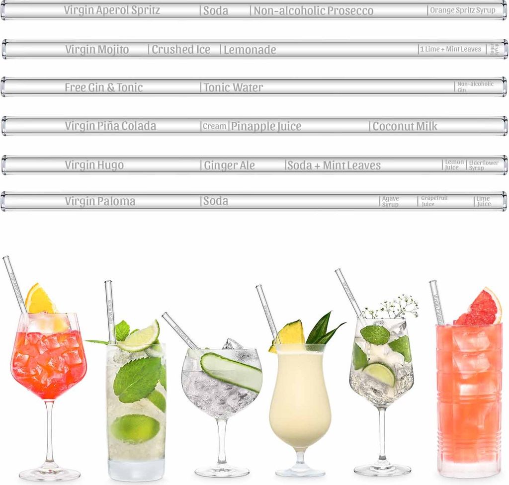 HALM Glasstrohhalme 6x graviert mit Mocktail Rezepten Glastrinkhalme mit Maßen für perfektes Mixen Alkoholfreier Cocktails Virgin Mojito, Aperol ...
