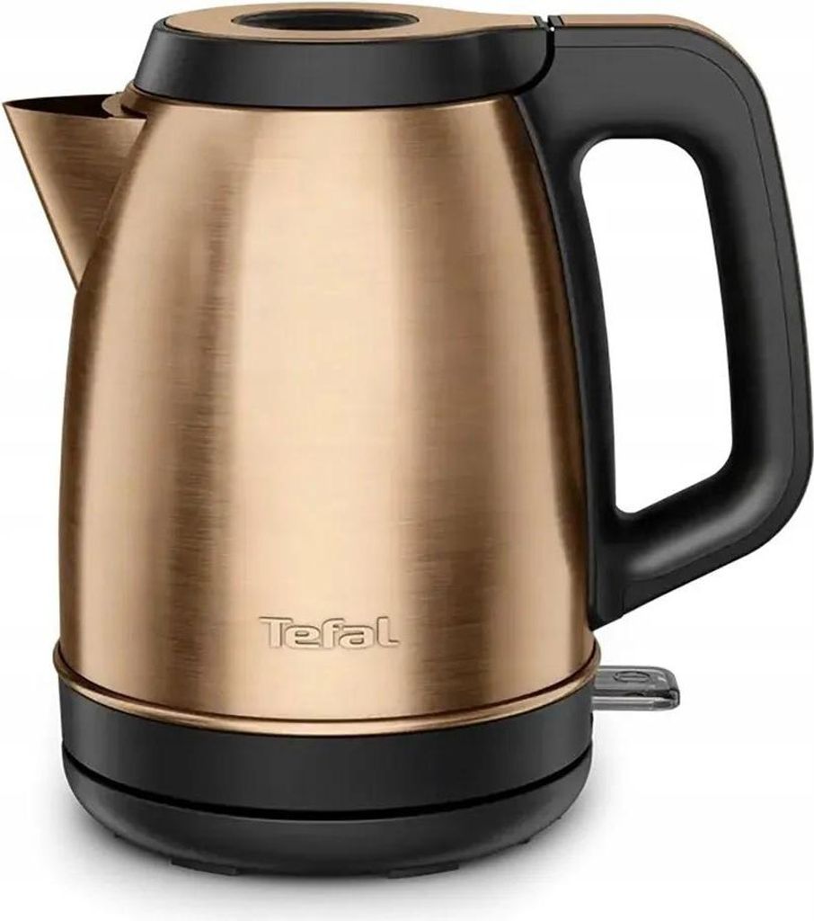 A studio shot of a copper and black electric kettle.