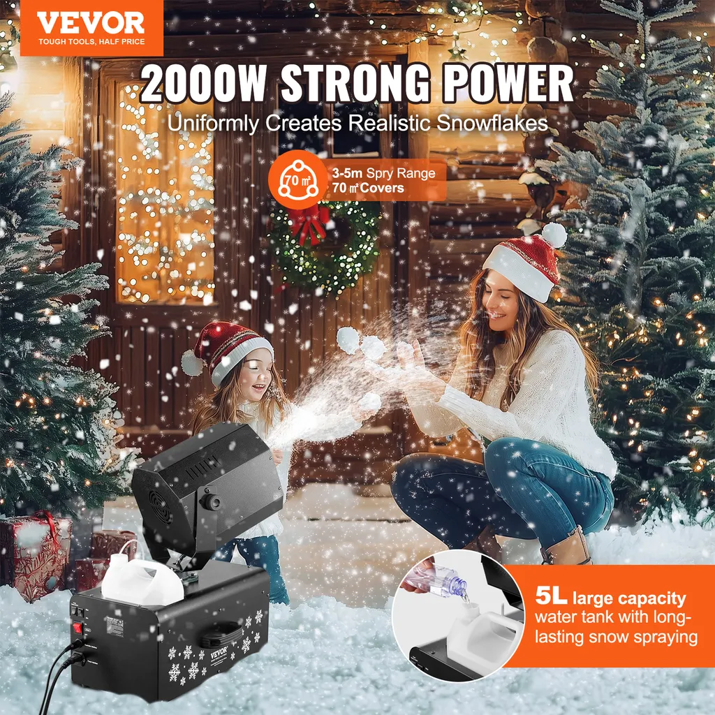 VEVOR Machine à Neige 2000W avec Réservoir 5L et Double Télécommande