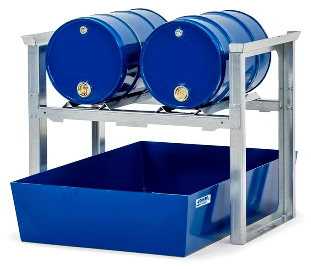 Fassregal/Abfüllstation für 2 Fässer à 60 Liter, lackierte Auffangwanne, 1049 x 1236 x 837 mm