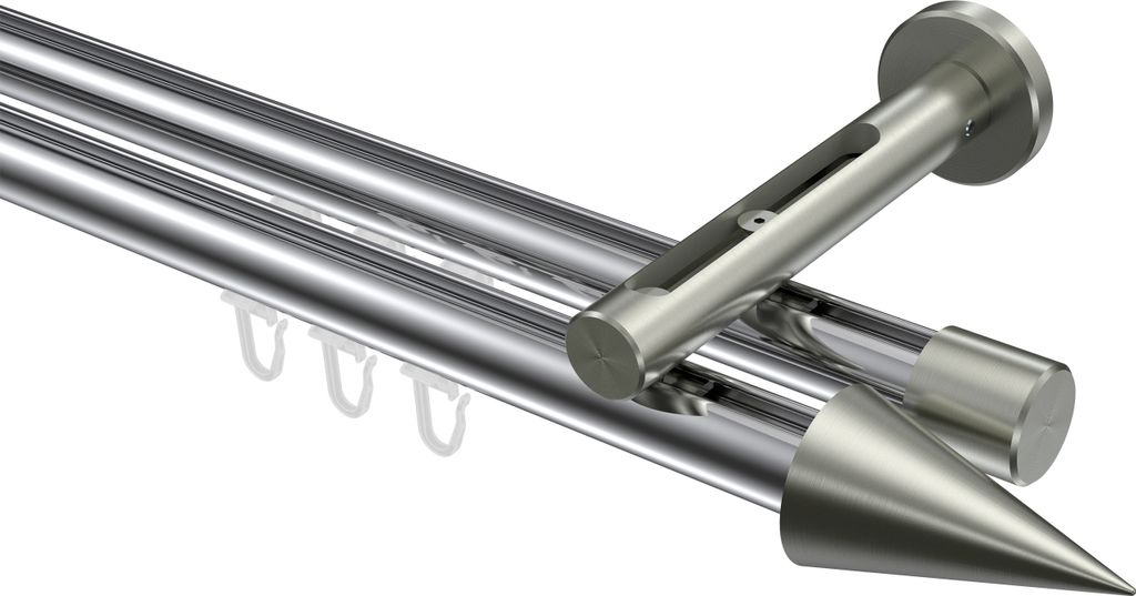 Interdeco Innenlaufstange / Gardinenstange mit Innenlauf Chrom / Edelstahl-Optik, Typ Siteno Savio (Kegel), 20 mm Ø 2-läufig, 220 cm