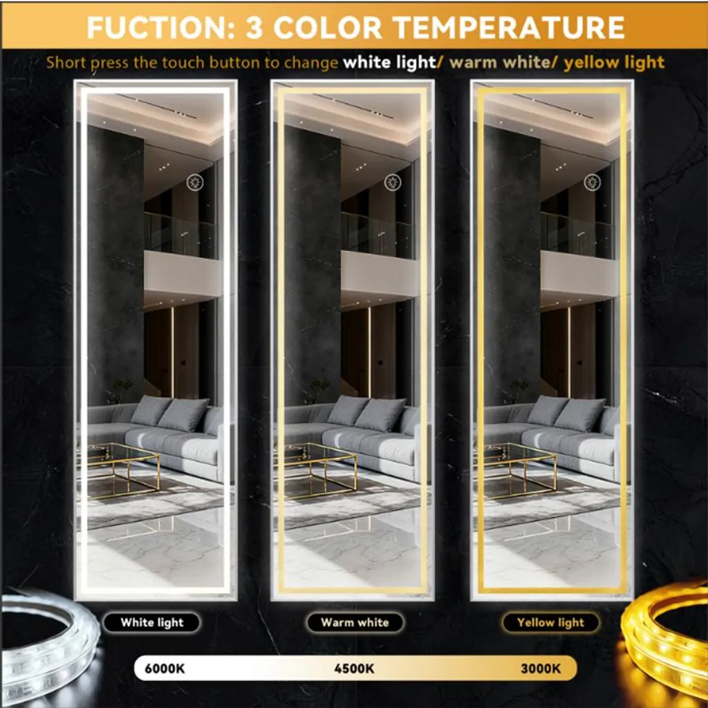 Miroir Lumineux 160x50 cm avec LED Intégrées et Support Mural ou sur Pied