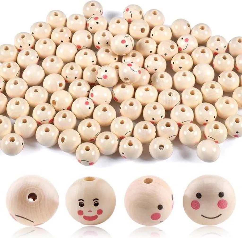 100 Boules en Bois Percées avec Visage 20mm pour DIY et Macramé