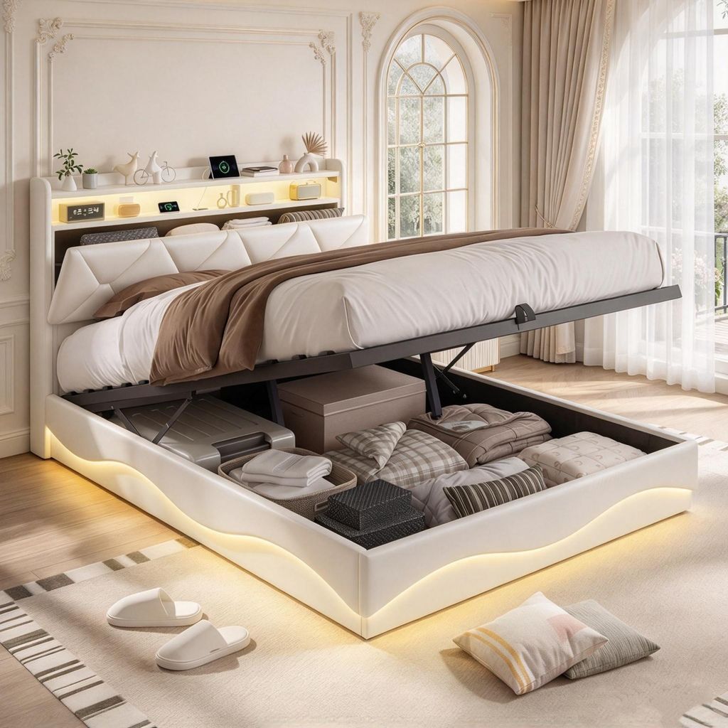 Letto imbottito INONEFT 140x200 cm con LED e USB, letto con Immagine del prodotto 