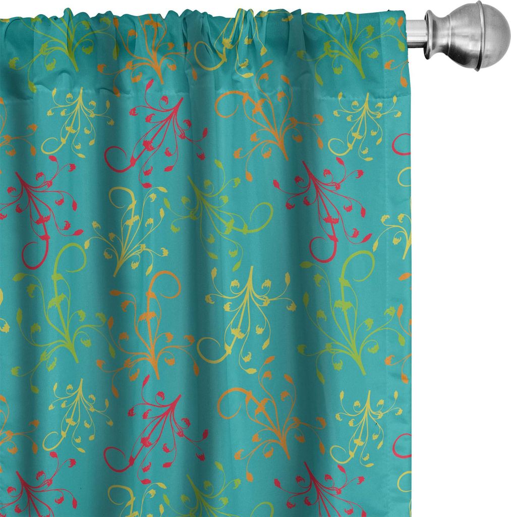 ABAKUHAUS Abstrakt Vorhänge, Gardinen, Repetitive Süße Bunte wirbelnde Zweige mit Blättern Grafik, 2 Stück 75 x 175 cm, Dunkle Seafoam Mehrfarbig