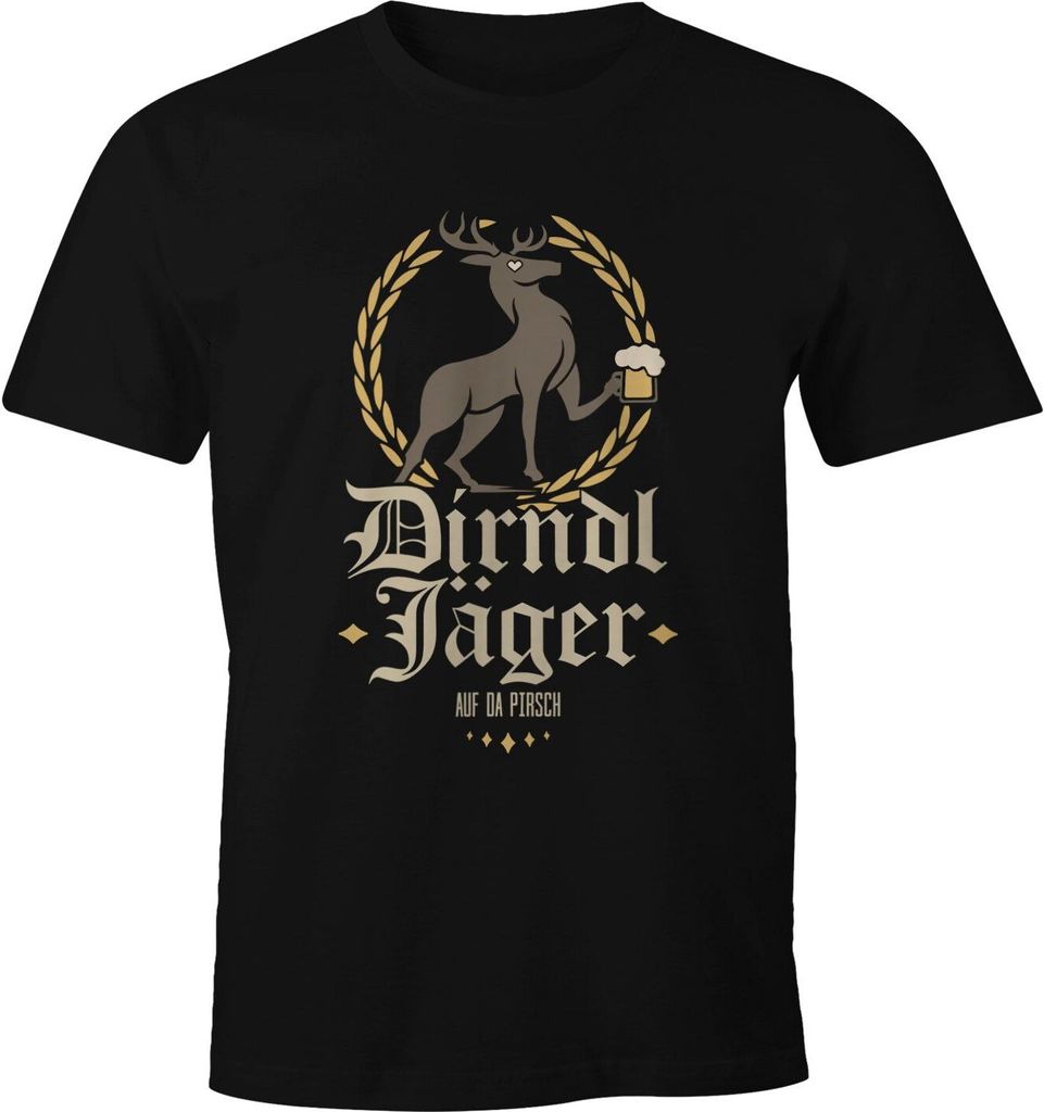 Herren T-Shirt Dirndl Jäger Hirsch Wild Bier Fun-Shirt Moonworks schwarz 4XL