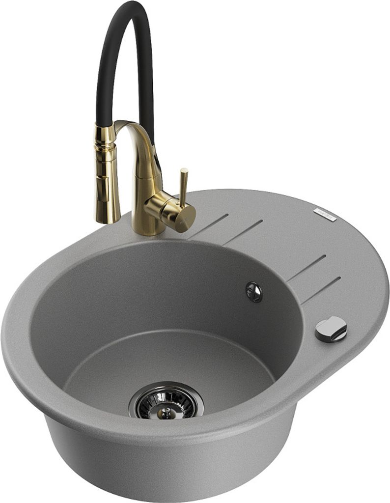 Mexen Kevin 1 Becken-Granitspüle mit Abtropffläche und Mischbatterie Aster, Grau - 6517-71-73450-57-B