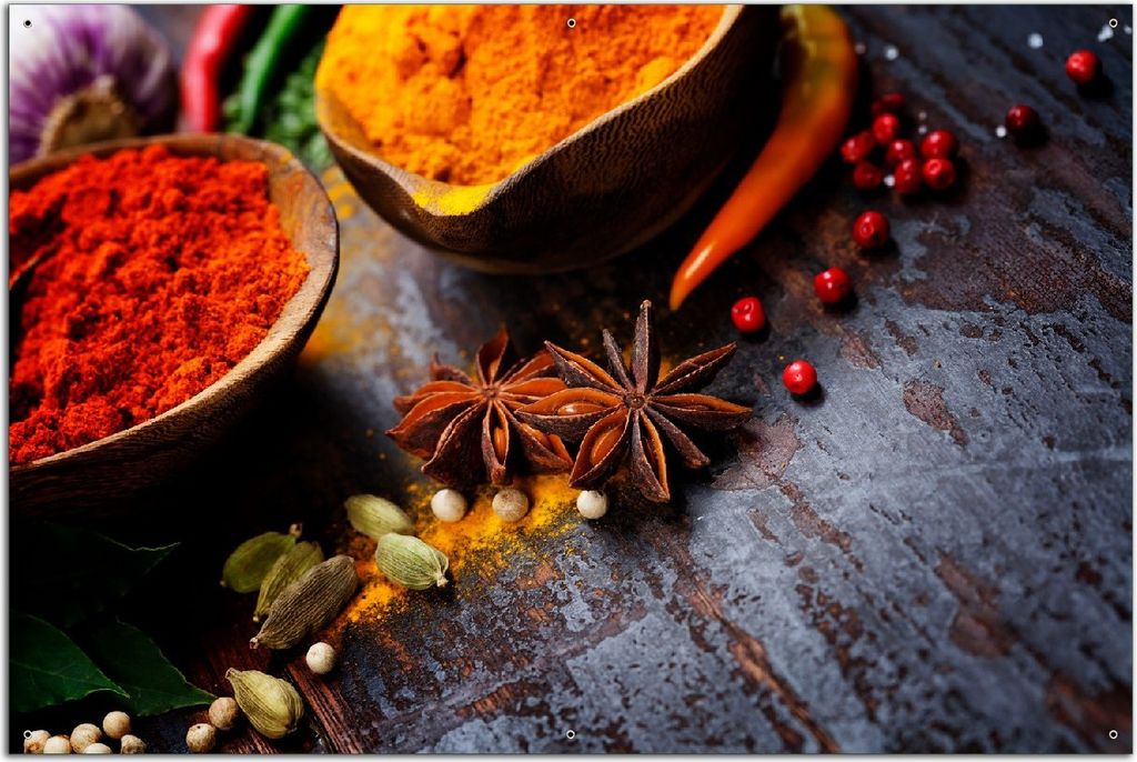 Wallario Outdoor-Poster für Garten oder Balkon, Motiv Exotische Gewürze auf einem Holztisch, in ca. 61 x 91,50 cm