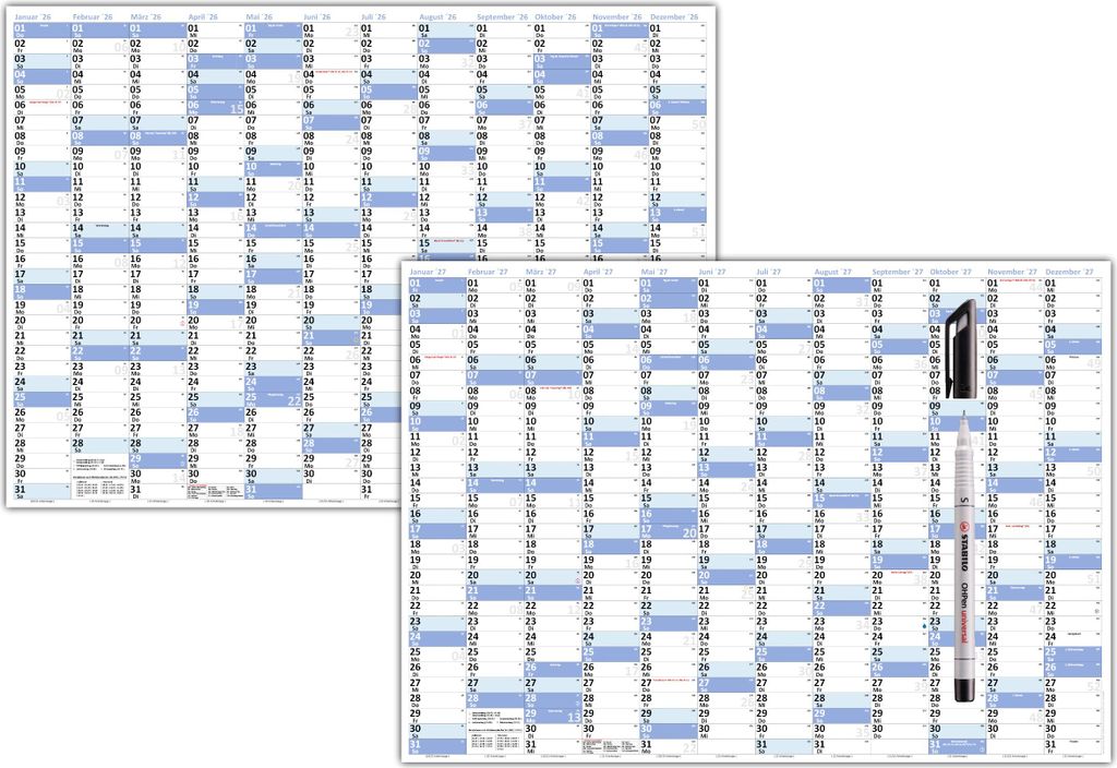 XL Wandkalender DIN A1 2026 + 2027 blau, nass abwischbar plus Folienstift Format 59,4 x 84,1cm Jahresplaner Wandplaner Kalender werden gerollt vers...