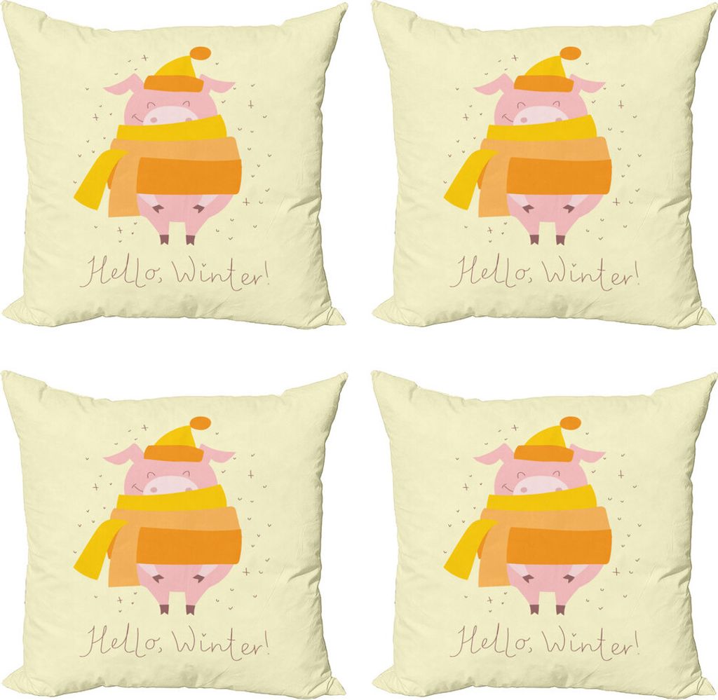 ABAKUHAUS Schwein Kissenbezug Set (4 Stück), Hallo Winter-Typography Tier, Moderner Doppelseitiger Digitaldruck, 60 cm x 60 cm, Mehrfarbig