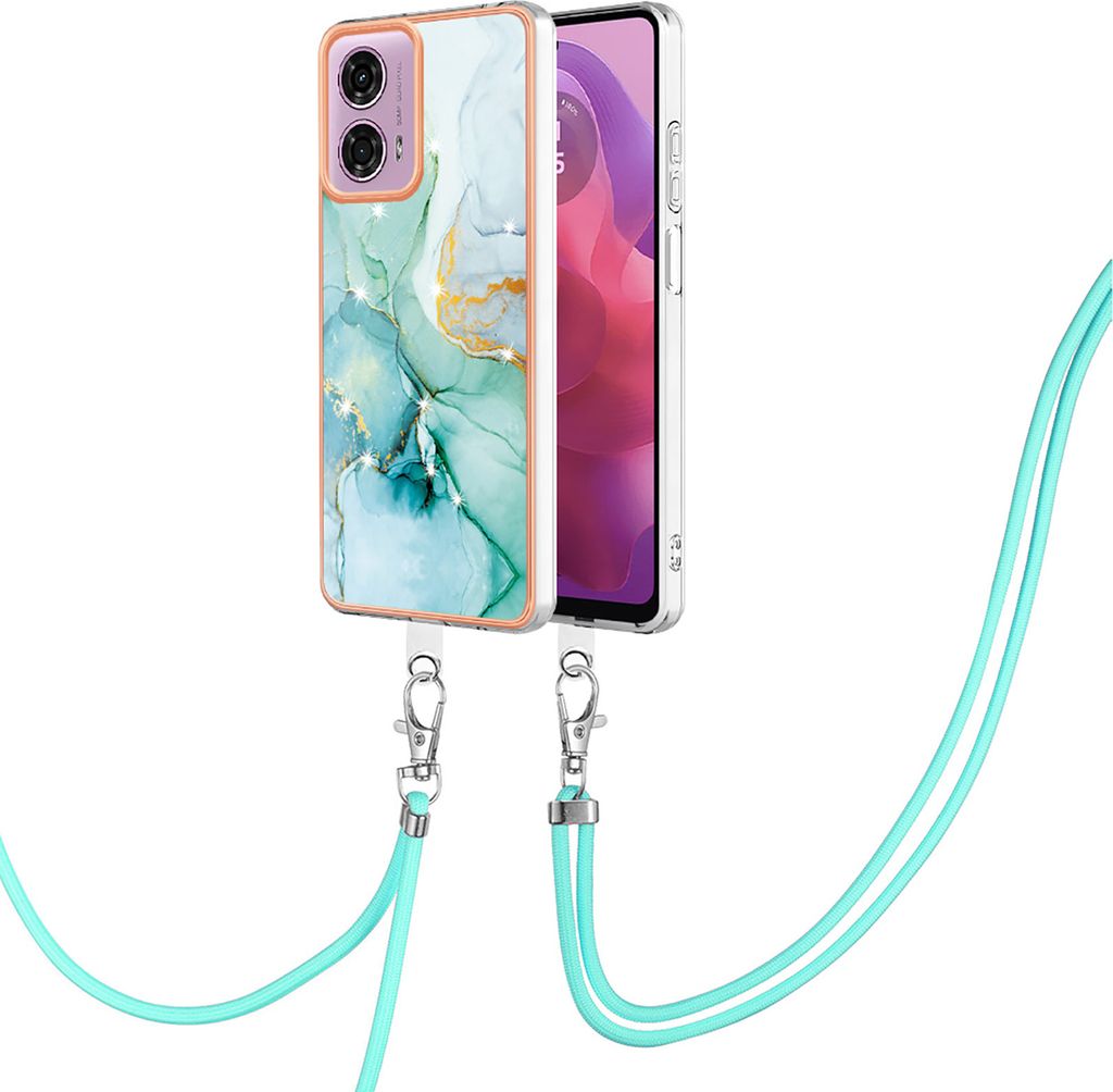 A phone case with a marble pattern and a lanyard is shown against a white background.