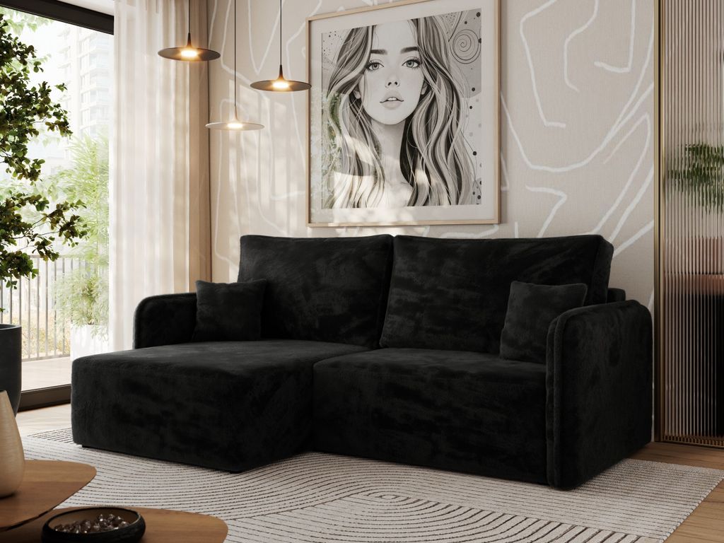 MKS MEBLE Ecksofa mit Armlehnen, für das Wohnzimmer, Schlaffunktion und Bettkästen, Wellenfeder am Sitz, L-förmiges Ecksofa - MESTO - Schwarz Pl...