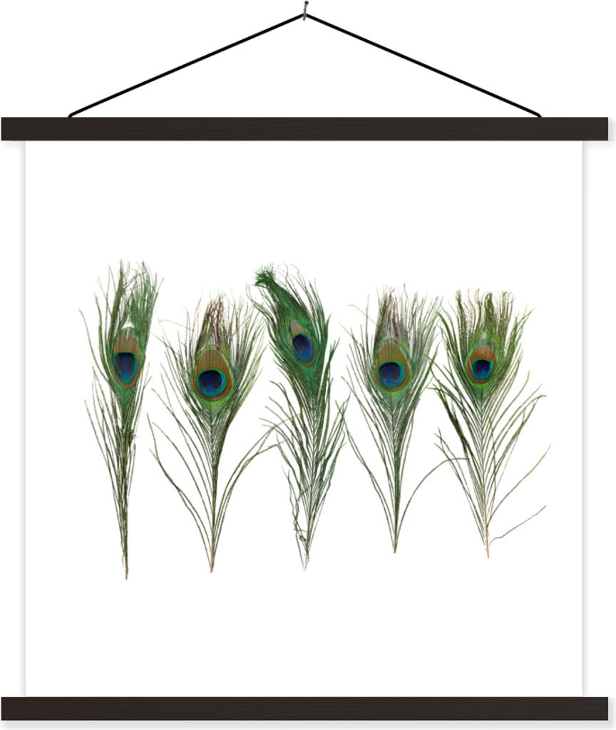 MuchoWow Textilposter Pfauenfedern - Weiß - Grün 90x90 cm mit schwarzem Rahmen - Magnetisches