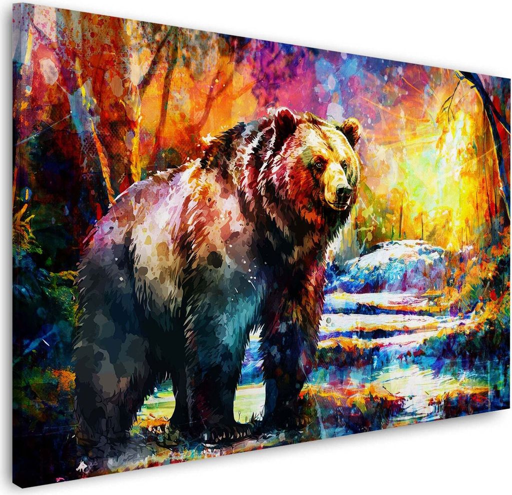 Wandbild Leinwandbild Kunstdruck XXL Wanddeko Pop Art Bär im Wald: 90x60x2cm