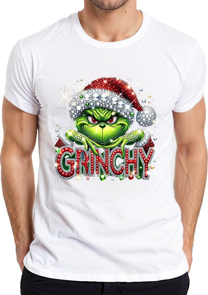 Grinchy Weihnachten Glitzer Strass Santa frech lustig Geschenk Herren T-Shirt, Weiß, XL