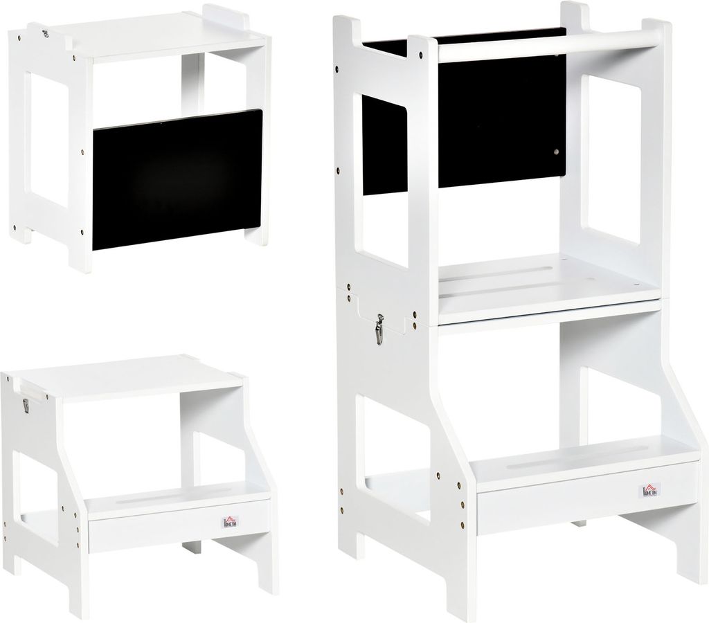 HOMCOM Lernturm für Kinder ab 3 Jahren, 2-in-1 Lernhocker aus Holz mit Tafelpedal und Sicherheitsstange, für Badezimmer, Küche, 42 x 44 x 86 cm,...