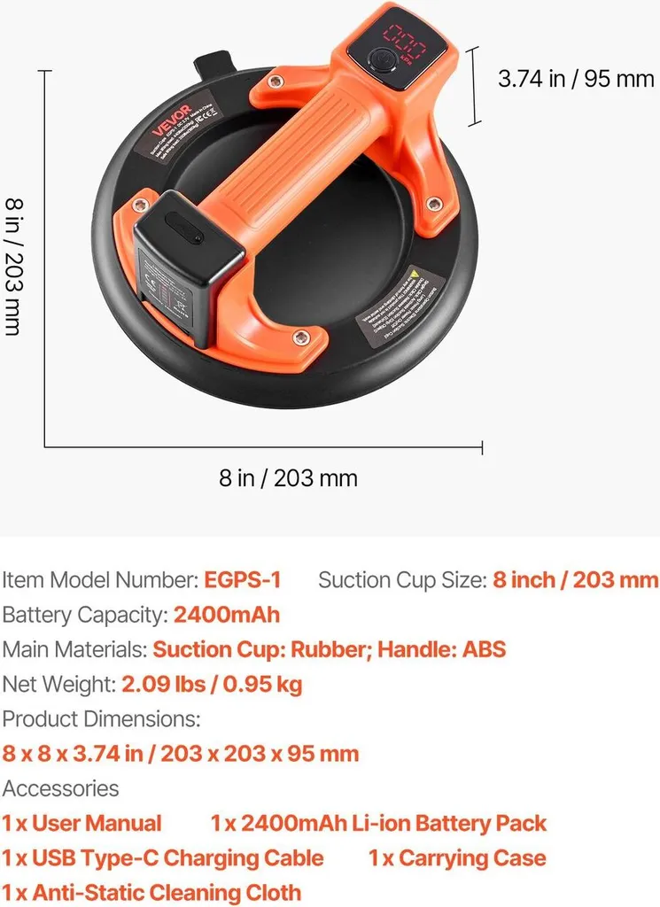 Outil de levage électrique pour dalles et granit, ventouse de 203 mm