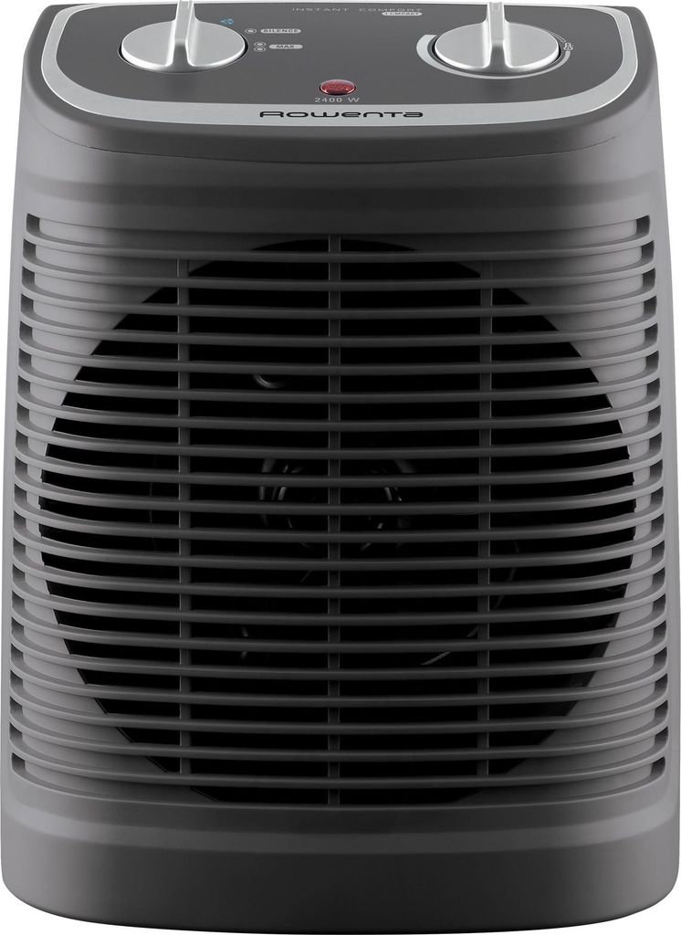 A front view of a gray Rowenta compact heater.