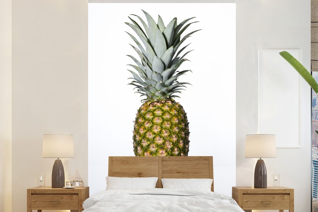 MuchoWow Fototapete für Wohnzimmer oder Schlafzimmer Wandtapete Vinyl Motivtapete Ananas - Reflexion - Weiß - 195x300 cm - Das Hintergrundbild