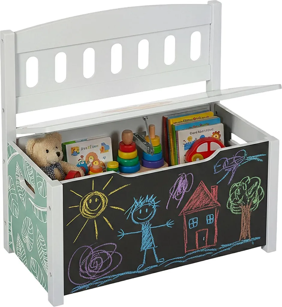 Banc rangement bois enfant avec tableau noir et lion - Design 2-en-1