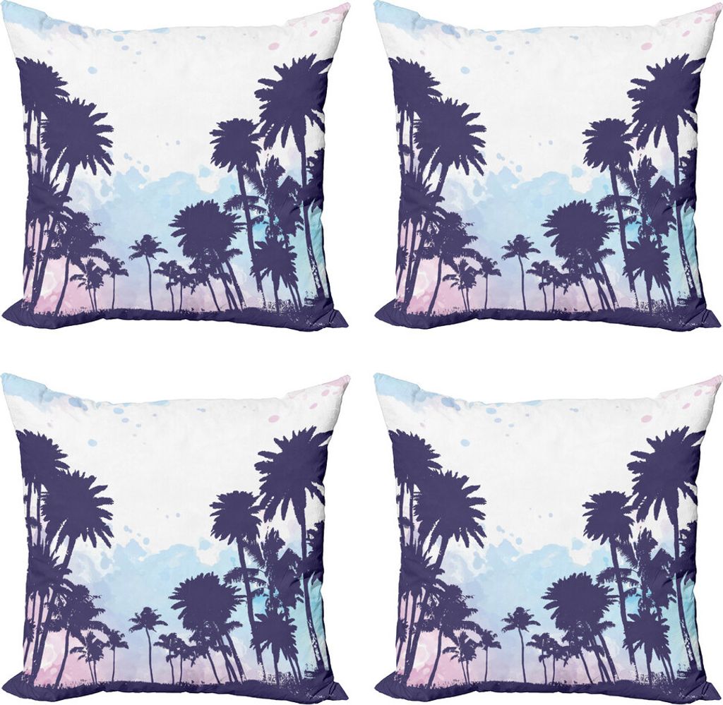ABAKUHAUS Natur Kissenbezug Set (4 Stück), Palmen South Forest, Moderner Doppelseitiger Digitaldruck, 50 cm x 50 cm, Blau und weiß