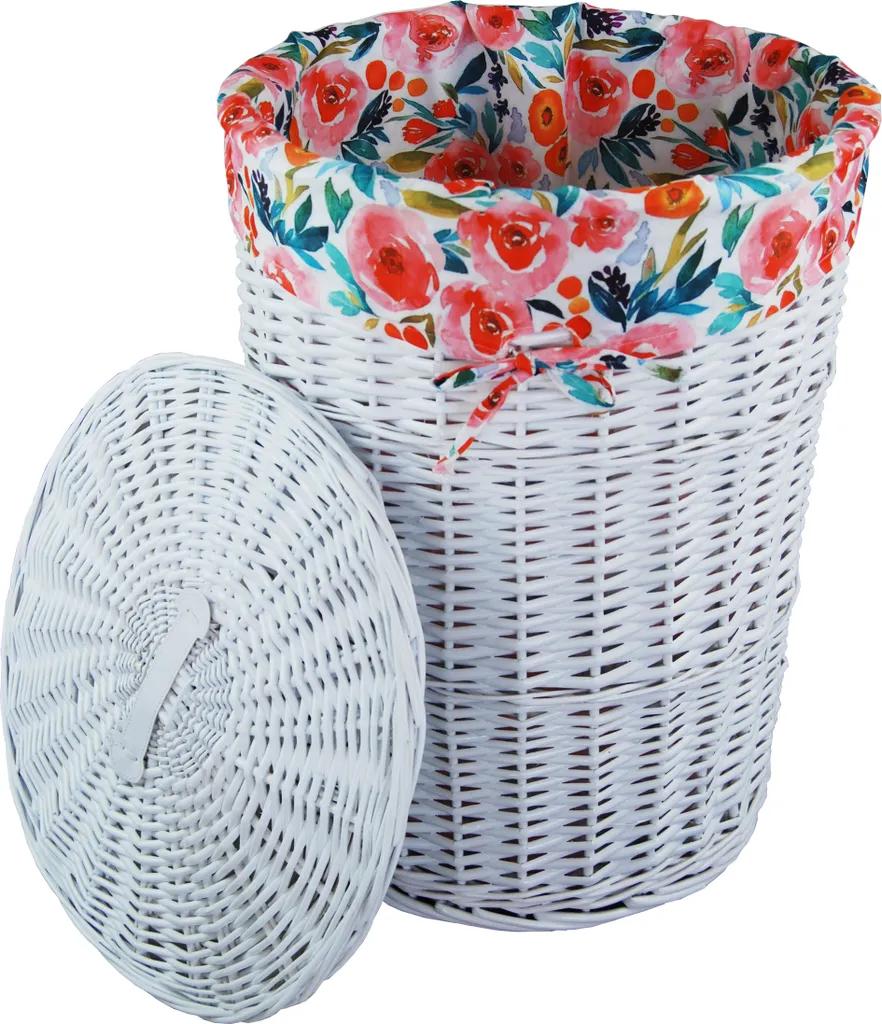 Portabiancheria Design Vimini Bianco e Fiori Rossi P46 H62 Lavabile