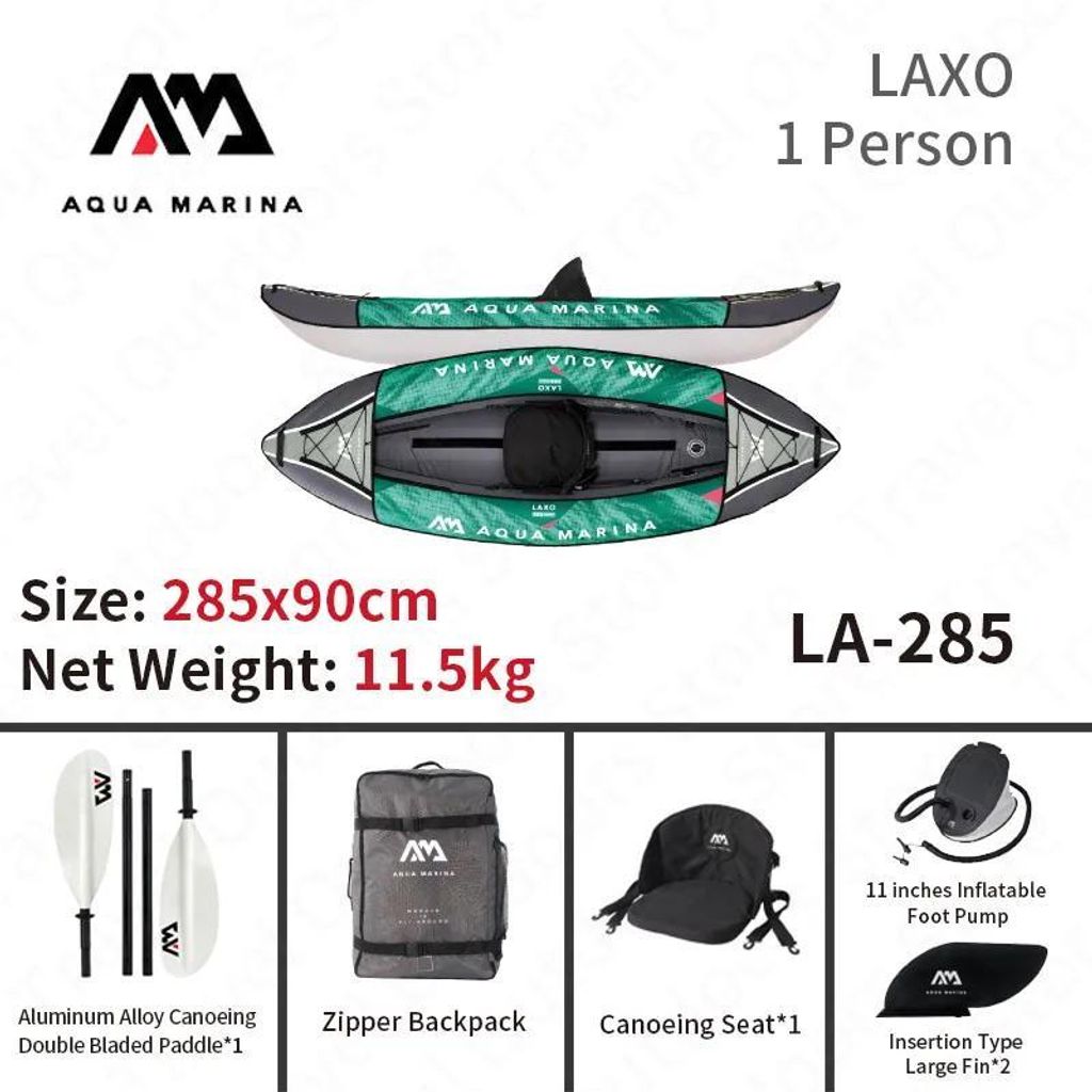 LAXO aufblasbares Kajak - 1-Personen Kanu LA-285 - 285x90 cm - 11,5 kg - 2+1 Luftkammern - Für Touring & Angeln