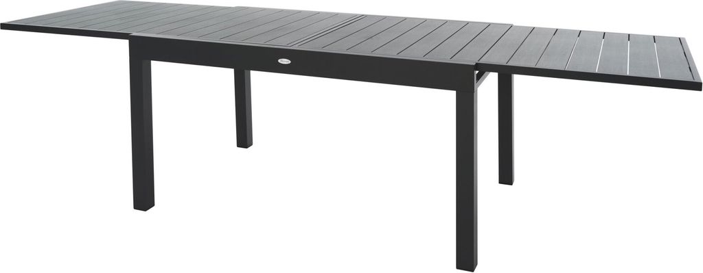 A dark gray, extendable outdoor dining table with a slatted top and four legs, shown against a white background.