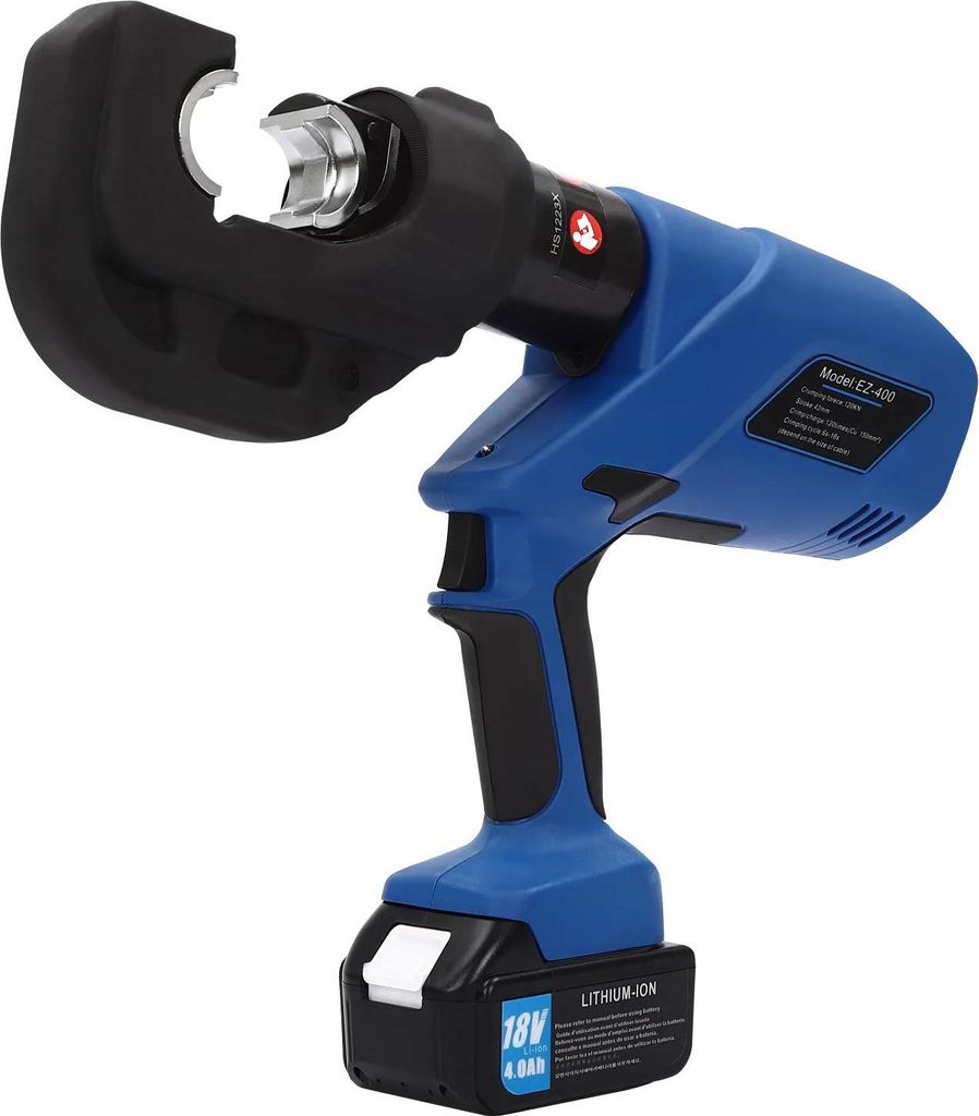 Akku-Hydraulik-Presszange - Crimpzange 120 kN - 12 Matrizen 16–400 mm² - Wiederaufladbar, kabellos - Für den Profi - Blau/Schwarz