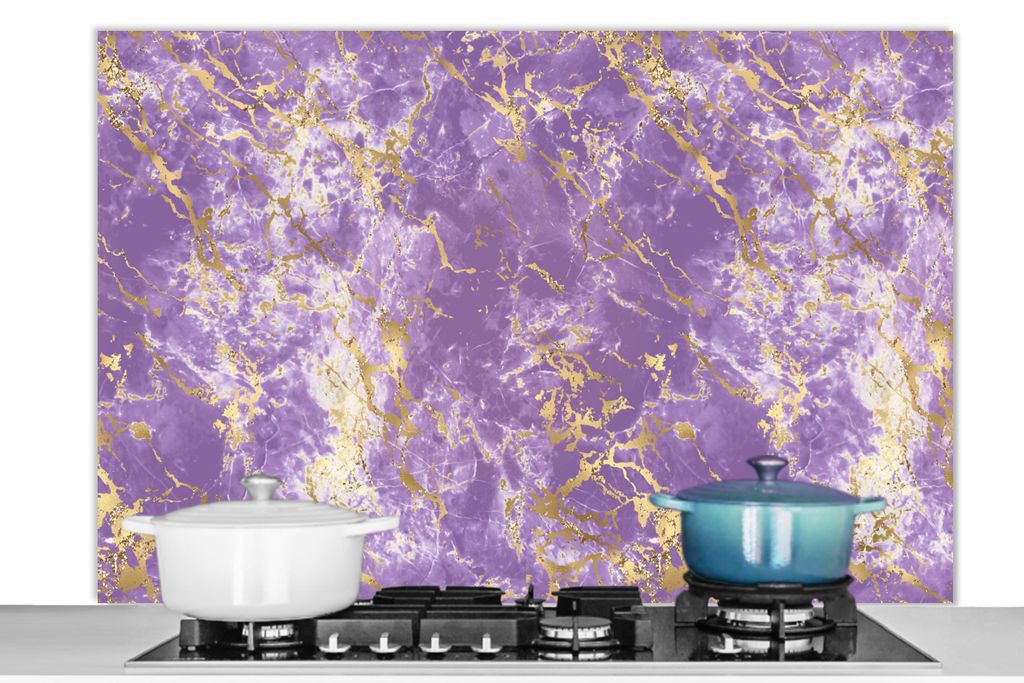 KitchenYeah Spritzschutz Küche - Küchenrückwand - Wandschutz für Herd und Spüle - Marmor - Lila - Gold - Muster 120x80 - Alu-Dibond (Altern...