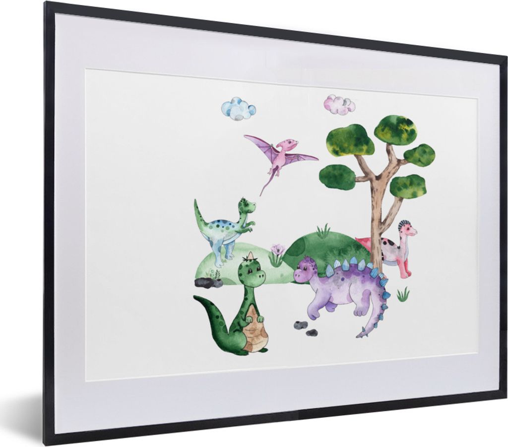MuchoWow Gerahmtes Poster Kinderzimmer - Farben - Dinosaurier - Jungen - Mädchen - Kinder 40x30 cm - Poster mit Schwarzem Bilderrahmen Wandposte...