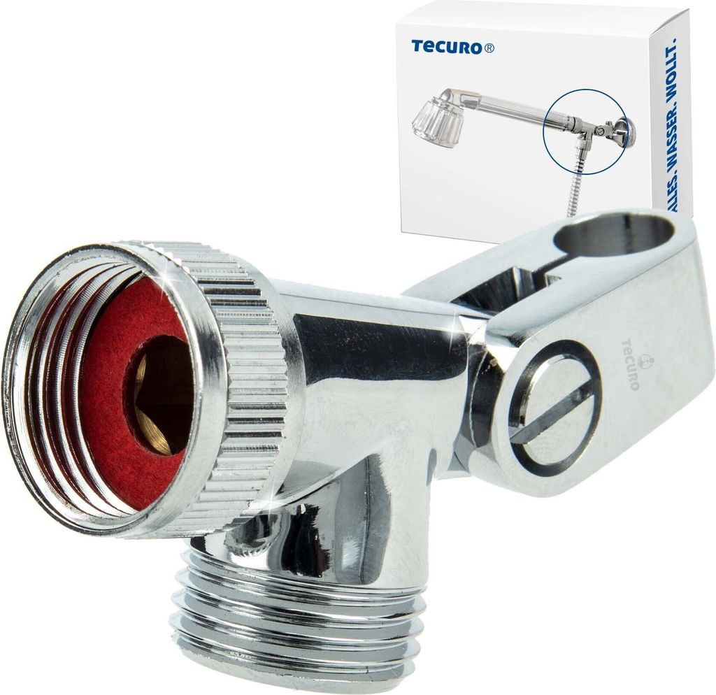 A chrome-plated shower hose connector with a red seal, shown in front of a product box.