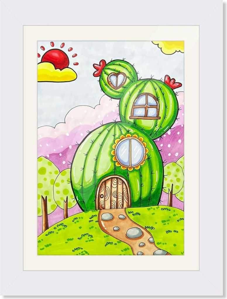 A whimsical illustration of a cactus-shaped house in a colorful landscape.