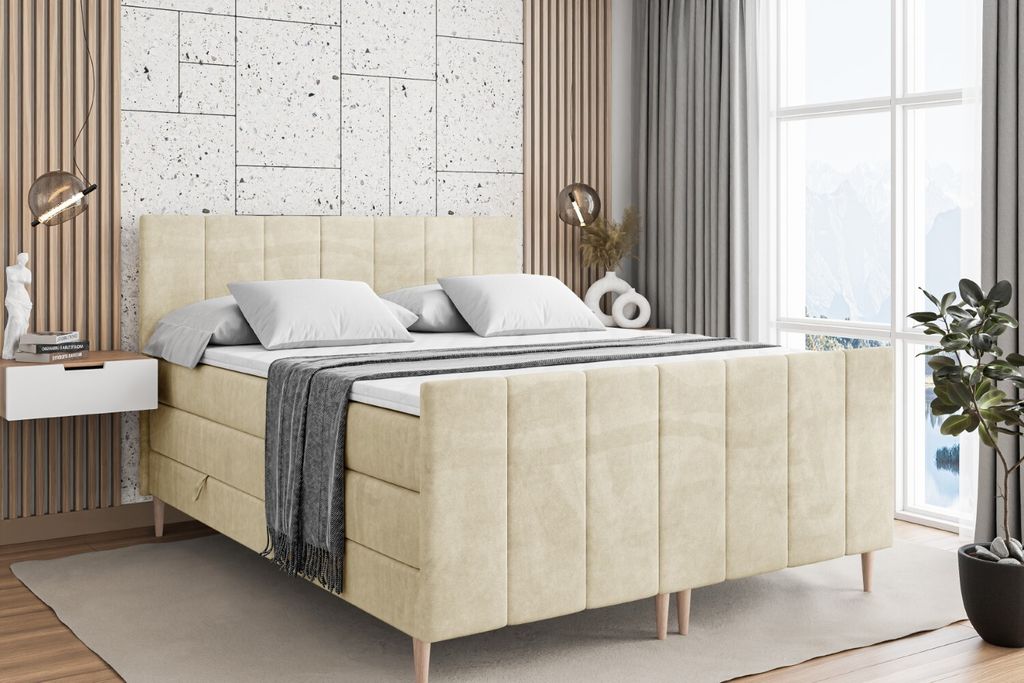 ALTDECOR Boxspringbett mit Holz Füßen, Matratze und Lattenrost, Topper, Fußteil, Polsterbett mit Bettkasten, Bett mit Stauraum H3- und H4- Matra...