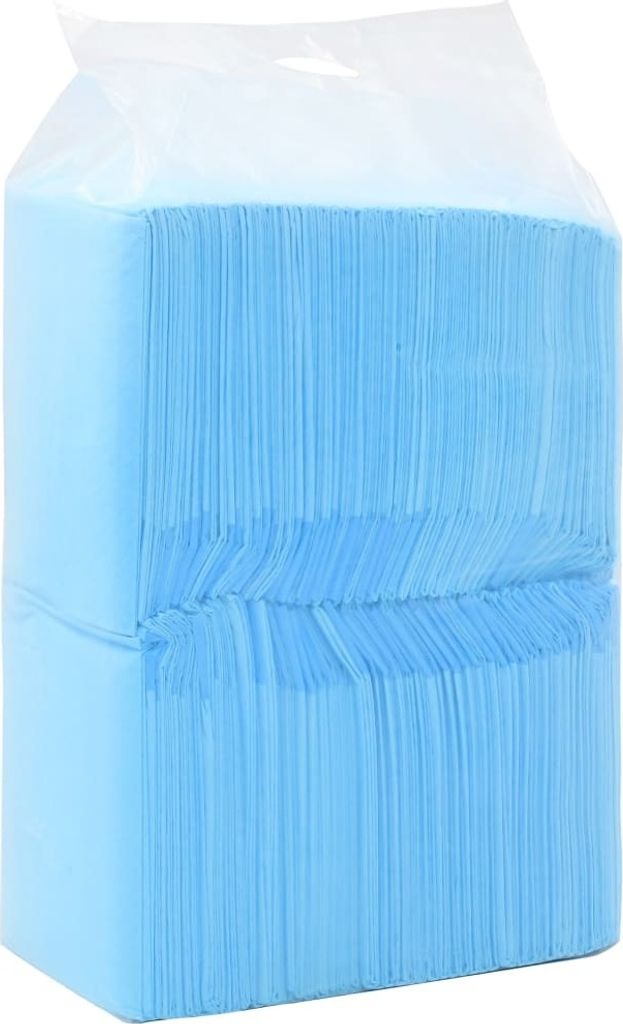 A stack of light blue dog pee pads in clear plastic packaging.