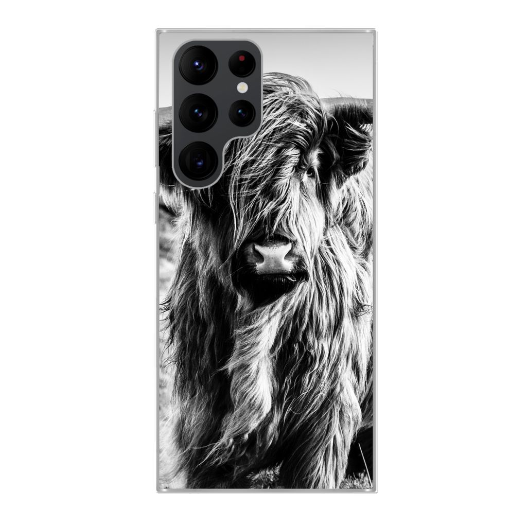 MuchoWow Handyhülle Schutzhülle Hülle für Samsung Galaxy S22 Ultra Schottischer Highlander - Natur - Kuh - Schwarz - Weiß Silikon Softcase H...