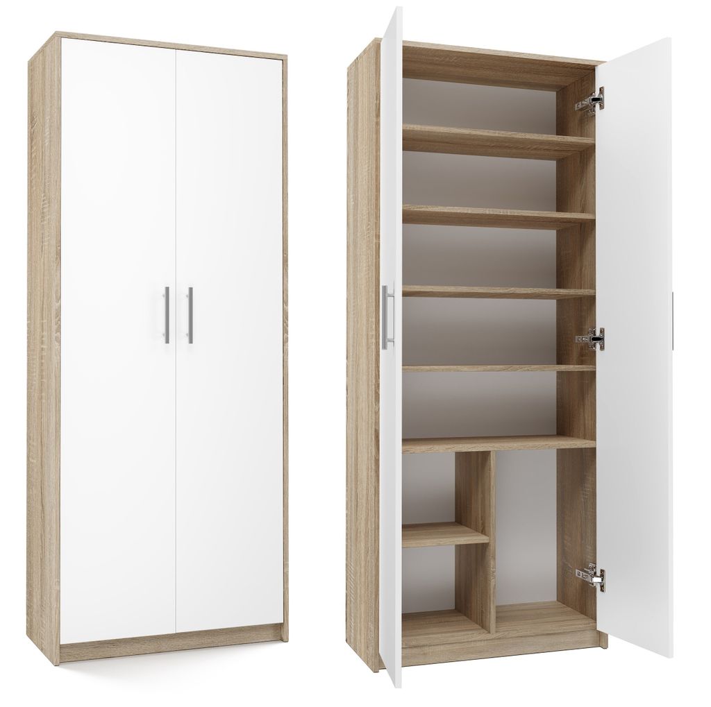 A two-piece image showing a closed white cabinet with wood-effect trim on the left, and the same cabinet open on the right, revealing its shelves.