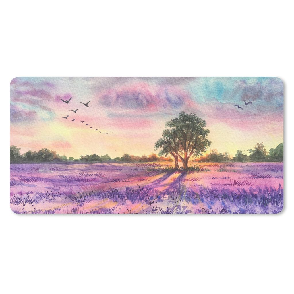 MuchoWow Mauspad Mousepad Lavendel - Farbe - Vögel - Bäume - Lila 60x30 cm - Mousepads - Maus Mat - Pad - Mausunterlage - Nachhaltig