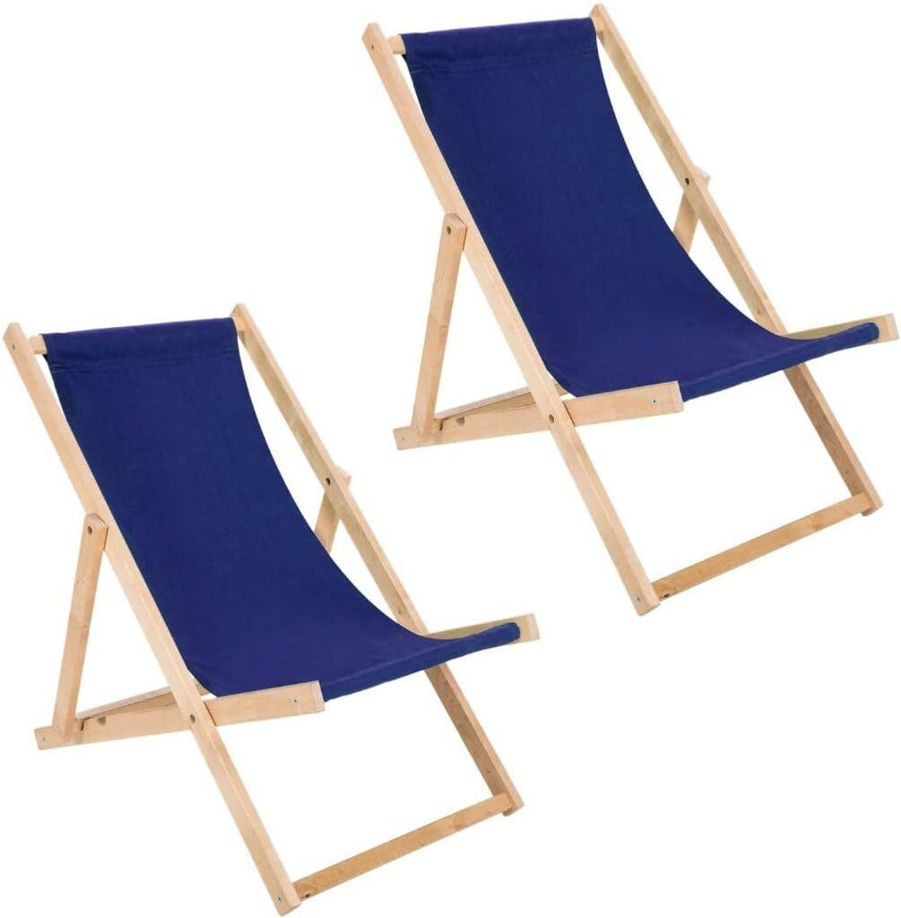 Two blue foldable deck chairs made of wood are shown against a white background.
