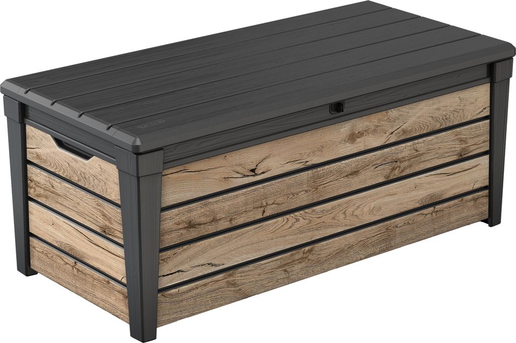 Keter Gartenbox 'Brightwood' | 454 Liter, Holzoptik Pinie | Deckel mit Gasdruckfedern, bis 300 kg belastbar | UV-resistent, wetterfest, wartungsfrei