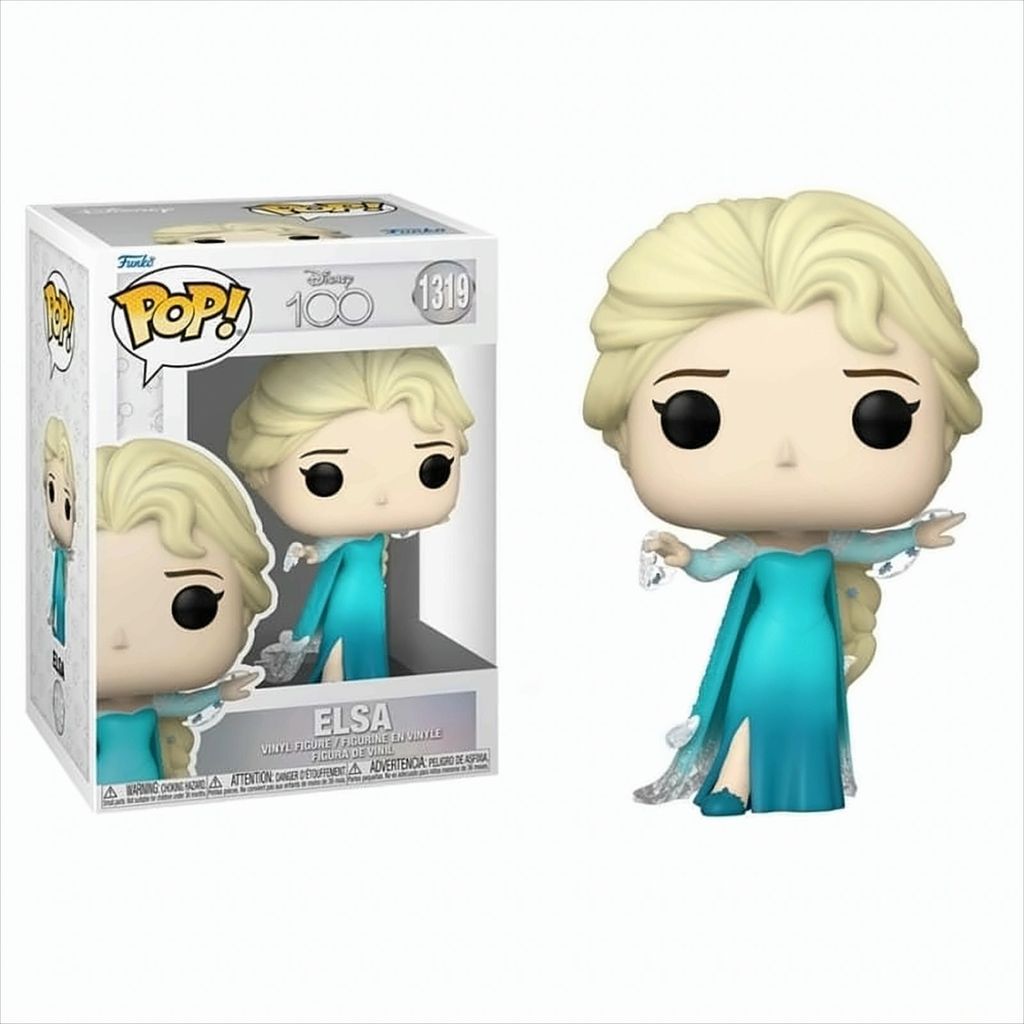 A Funko Pop! vinyl figure of Elsa from Disney's Frozen, shown both in its packaging and displayed separately.