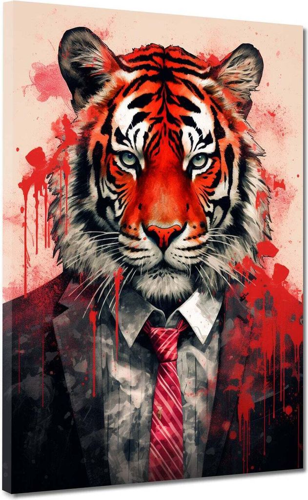 Tiger mit Anzug Pop Art Leinwandbild Wandbild Kunstdruck Wanddeko abstrakt: 60x80x4cm