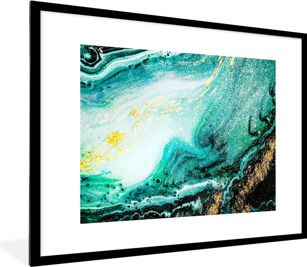 MuchoWow Gerahmtes Poster Marmoroptik - Blau - Gold - Glitzer - Luxus - Marmor 80x60 cm - Poster mit Schwarzem Bilderrahmen Wandposter Rahmen Fot...