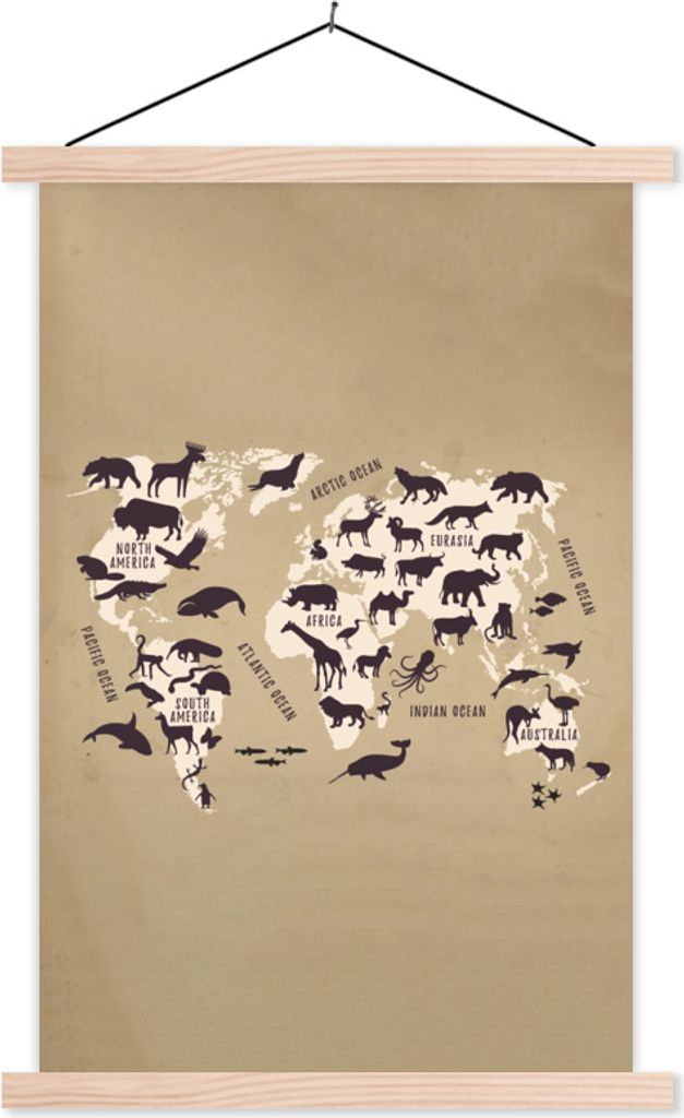 MuchoWow Textilposter Weltkarte - Retro - Tiere 40x60 cm mit holzfarbenen Rahmen - Poster